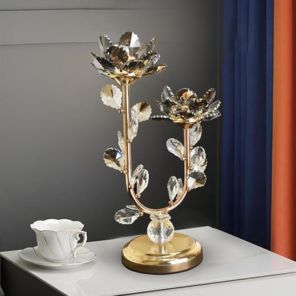 Double Stem Lotus LED Table Lamp | Crystal Flower Branch Design, Golden Stems