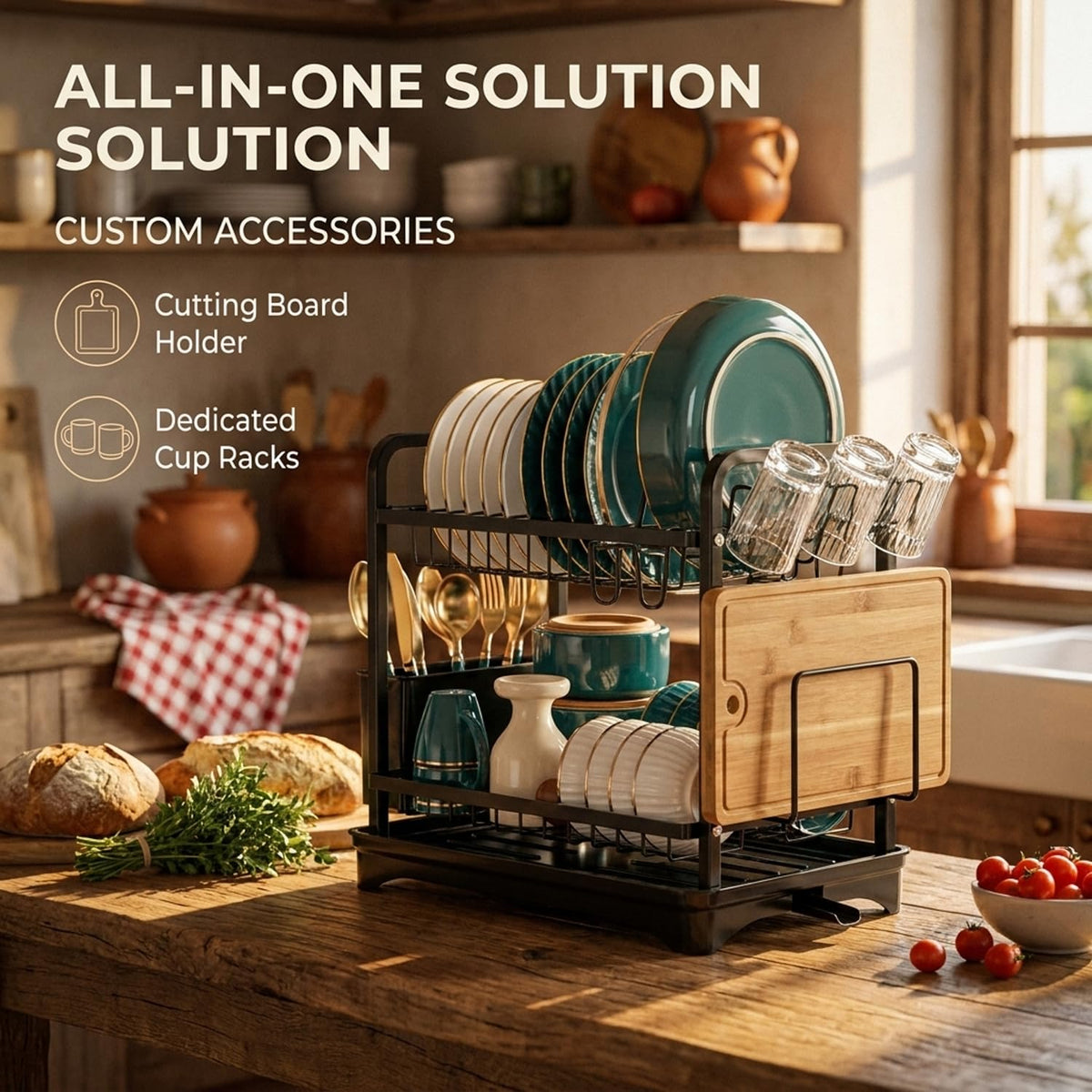 COMFYHOME Dish Drying Rack, 2-Tier Wrought Iron Space-Saving Kitchen Dish Drainer with Cup Holder, Drainboard & Utensil Holders, Rustproof Counter Organizer for Pots, Plates, Cups, Utensils, Bartan