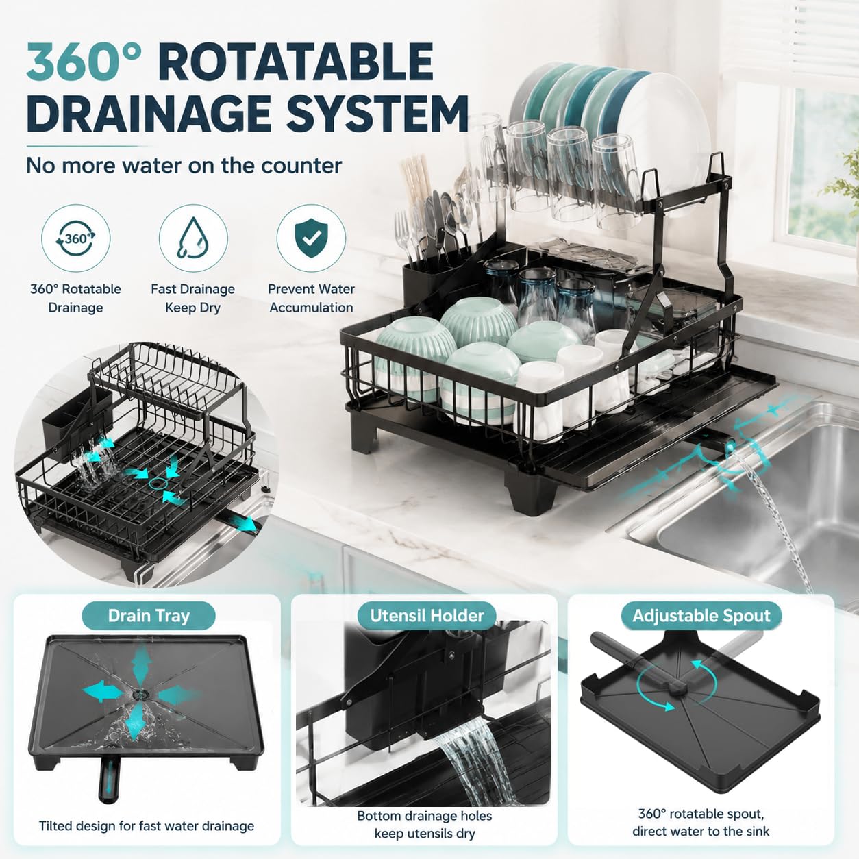 COMFYHOME Double-Layer Pull-Out Iron Dish Drain Rack: Saves Space, Includes Cup Holder, Drain Board, Cutlery Rack Suitable for Pots, Pans, Cups, Cutlery