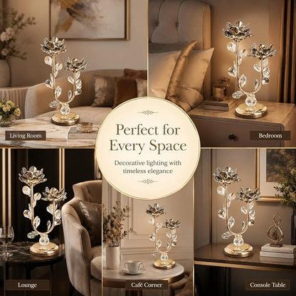 Double Stem Lotus LED Table Lamp | Crystal Flower Branch Design, Golden Stems