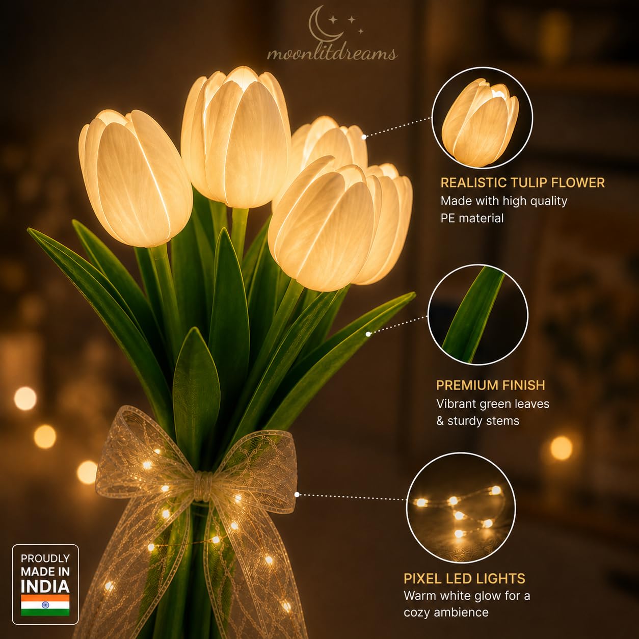 Artificial White Tulip Flower Lamp with LED Lights, 5 Tulip Bouquet Night Light for Bedroom Decor | Battery Operated Aesthetic