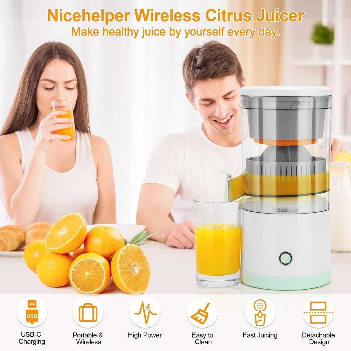 Drumstone Cordless Electric Citrus Juicer, USB Rechargeable Portable for Oranges, Lemons, Limes & Grapefruit, One-Touch Automatic Citrus Juicer for Home, Kitchen, Office & Travel