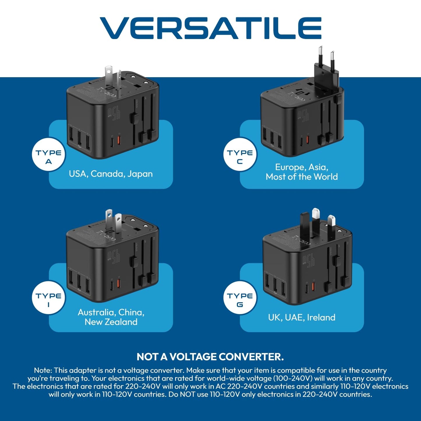 Ceptics Universal Travel Adapter, 45W International Power Adapter with PD & QC 3.0 Dual USB-C, 3 USB Travel Adapter Worldwide, Type I C G A Outlets 110V 220V A/C - EU Euro US UK (11-KU)