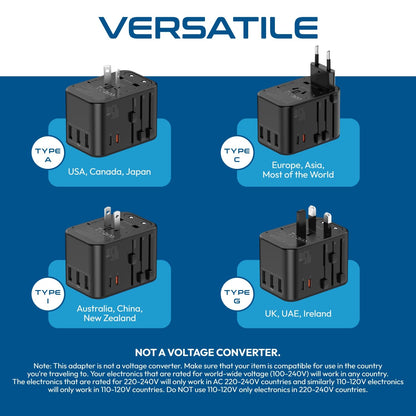 Ceptics Universal Travel Adapter, 45W International Power Adapter with PD & QC 3.0 Dual USB-C, 3 USB Travel Adapter Worldwide, Type I C G A Outlets 110V 220V A/C - EU Euro US UK (11-KU)