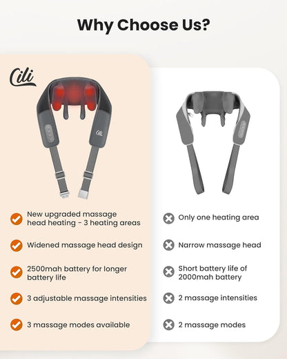 CILI Cordless Neck Massager with Heat, 4D Shiatsu Neck Shoulder Massager Deep Tissue Neck Back Massager Pillow, Wider Massage Head & More Heating Area, Gift for Dad Mom