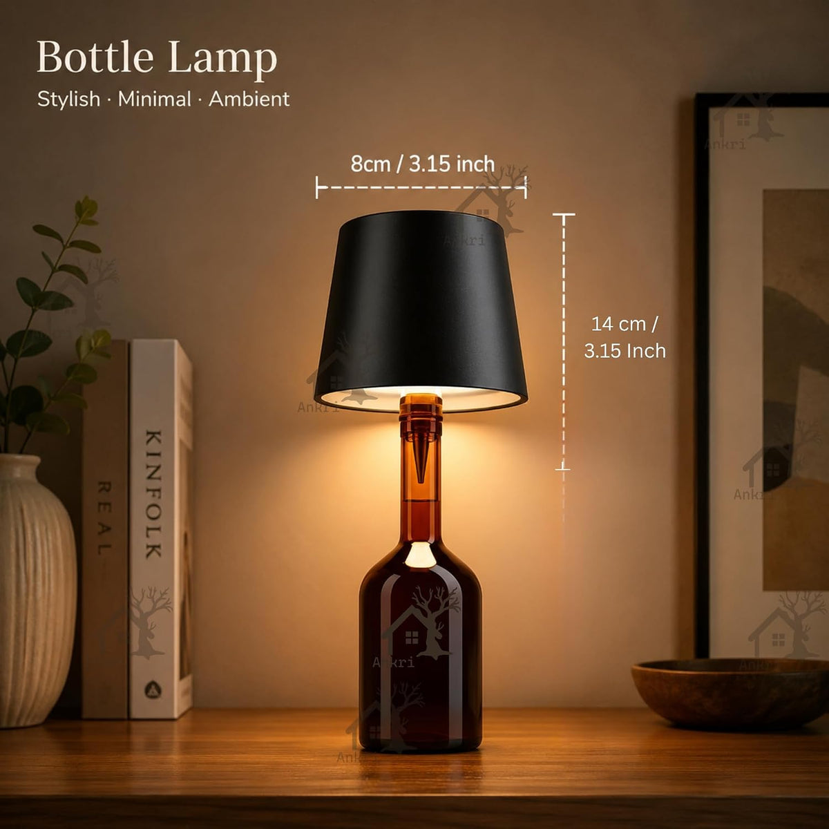 ANKRI Wireless Bottle Lamp LED 3 Colour Light Battery Desk Dimming Night Light Indoor Portable for Cafe Restaurant Home Living Room | 15 cm | Black | Long Lasting Battery