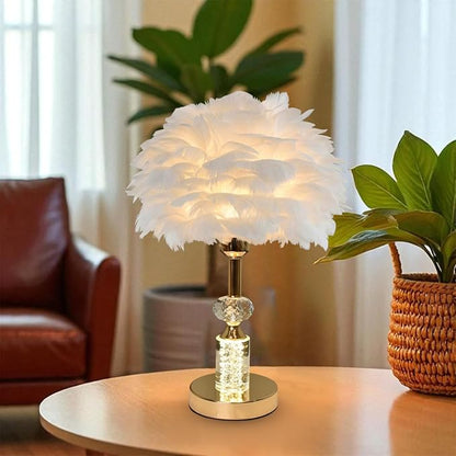 Silken Feather LED Table Lamp with Crystal in Golden Stem