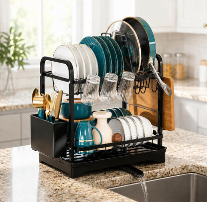 COMFYHOME Dish Drying Rack, 2-Tier Wrought Iron Space-Saving Kitchen Dish Drainer with Cup Holder, Drainboard & Utensil Holders, Rustproof Counter Organizer for Pots, Plates, Cups, Utensils, Bartan