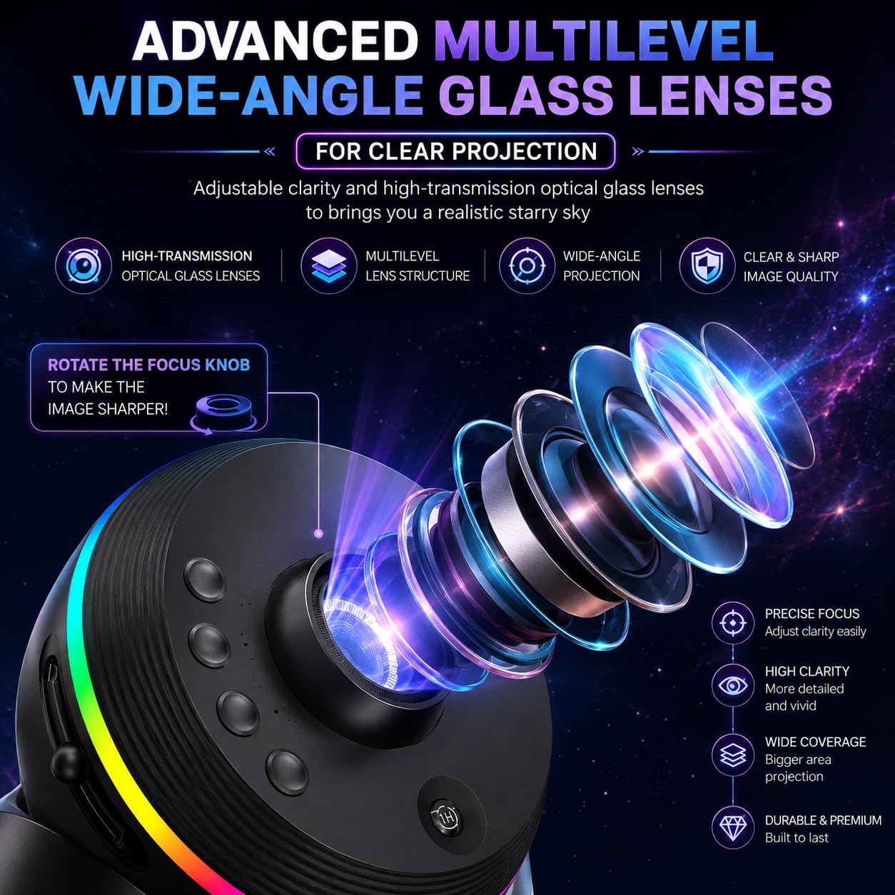 Galaxy Projector – 13 Replaceable Discs | 4K HD Star Light Projector with Dynamic Meteors, 360° Rotation,
