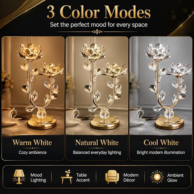 Double Stem Lotus LED Table Lamp | Crystal Flower Branch Design, Golden Stems