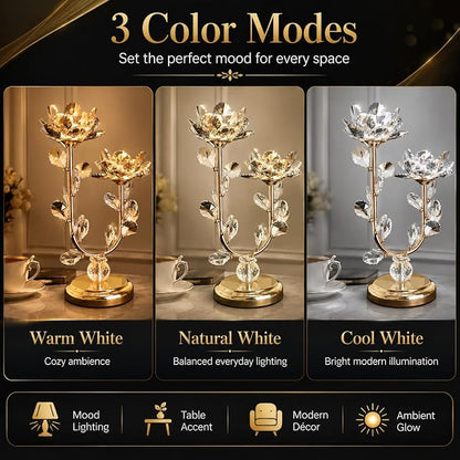 Double Stem Lotus LED Table Lamp | Crystal Flower Branch Design, Golden Stems