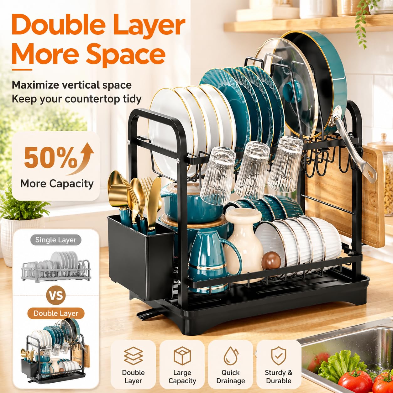 COMFYHOME Dish Drying Rack, 2-Tier Wrought Iron Space-Saving Kitchen Dish Drainer with Cup Holder, Drainboard & Utensil Holders, Rustproof Counter Organizer for Pots, Plates, Cups, Utensils, Bartan
