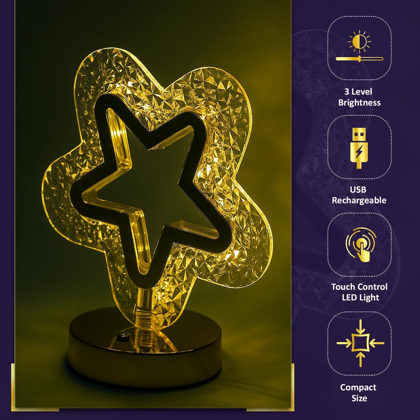 Star Crystal Night Lamp | 3 Level Brightness | Soft Glow LED Table Light for Home