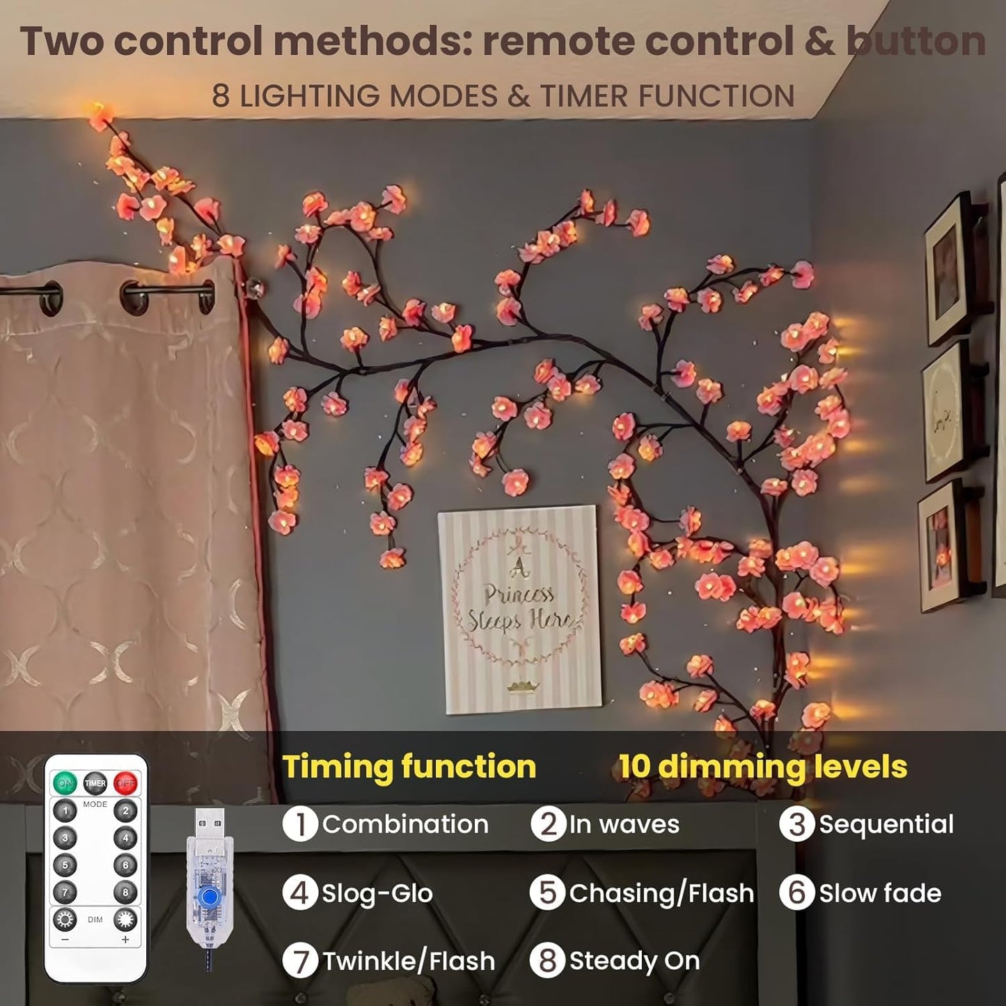 Cherry Blossom Lights LED Tree Branch Wall Decor – DIY Flexible Lighted Cherry Blossom Branches with Remote, 8 Modes