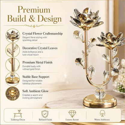Double Stem Lotus LED Table Lamp | Crystal Flower Branch Design, Golden Stems