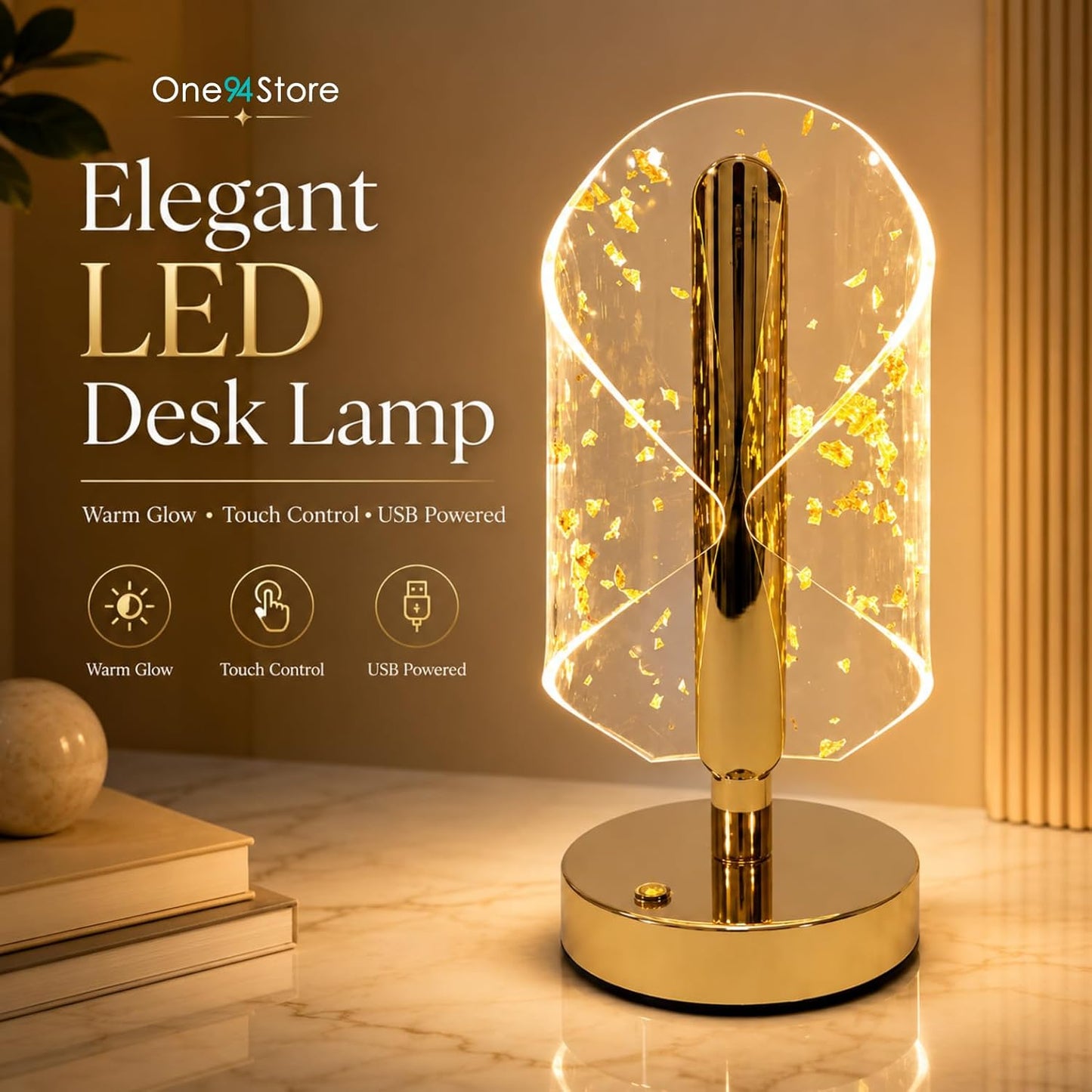 Gold Crystal LED Table Lamp with Transparent Acrylic Shade & Golden Flake Design