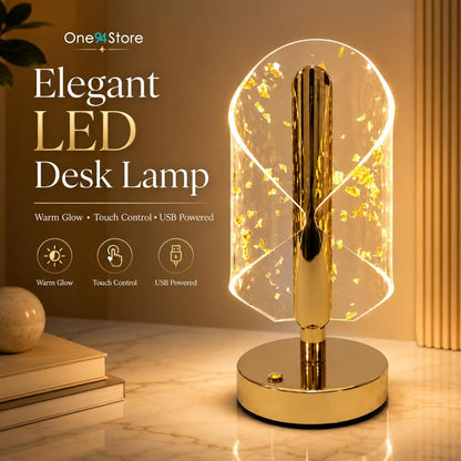 Gold Crystal LED Table Lamp with Transparent Acrylic Shade & Golden Flake Design