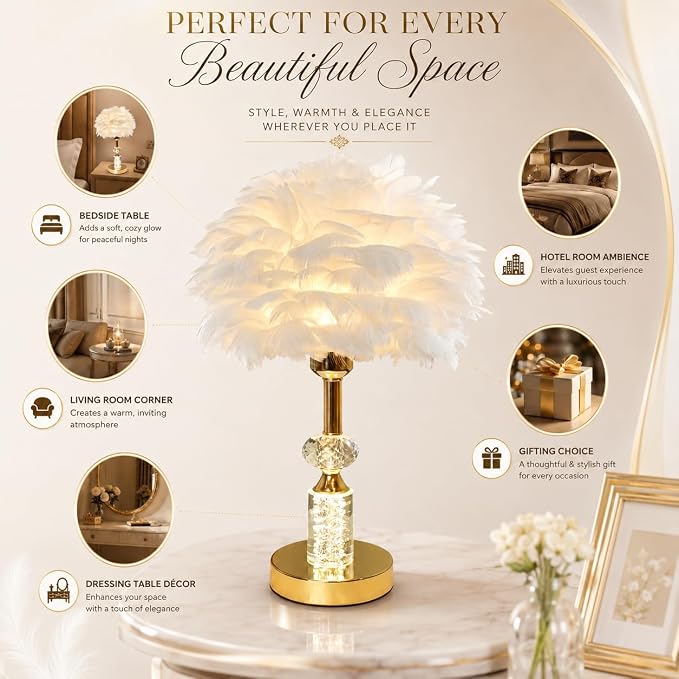Silken Feather LED Table Lamp with Crystal in Golden Stem
