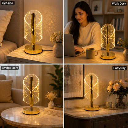 Gold Crystal LED Table Lamp with Transparent Acrylic Shade & Golden Flake Design