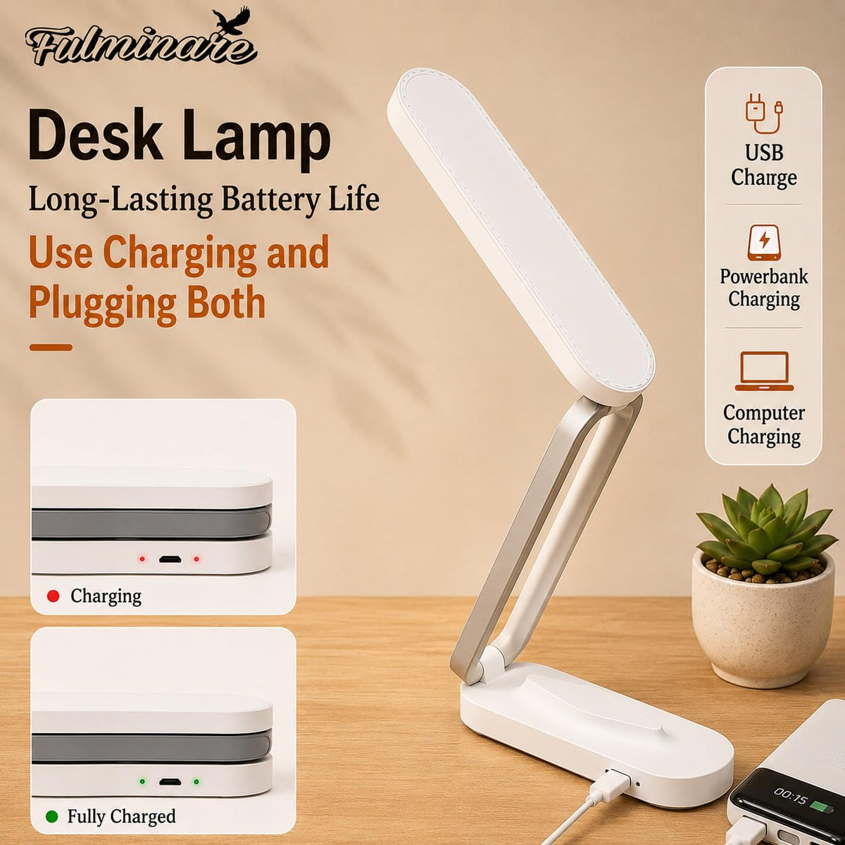 Fulminare Plastic LED Desk Lamp Dimmable Reading Table Lamp with USB Charging Port 3 Colour Mode,Touch Control Eye Caring, Desk for Study, Work (Pawn)