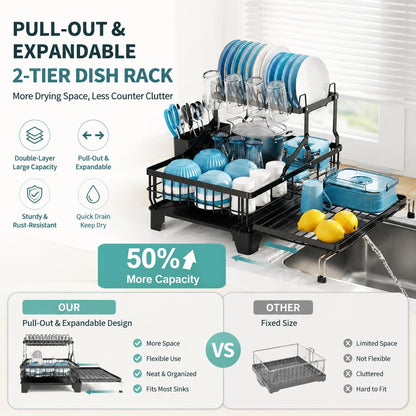 COMFYHOME Double-Layer Pull-Out Iron Dish Drain Rack: Saves Space, Includes Cup Holder, Drain Board, Cutlery Rack Suitable for Pots, Pans, Cups, Cutlery