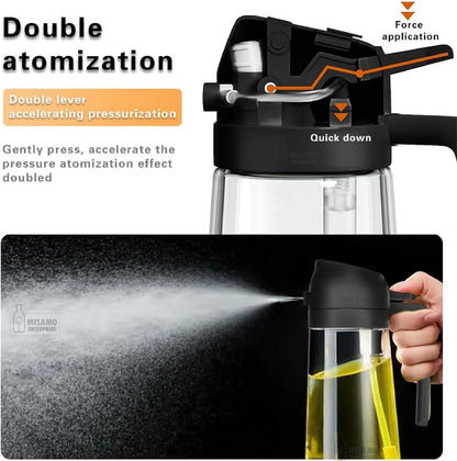 Misamo Enterprise 2-in-1 Oil Dispenser & Sprayer for Kitchen, 500ml, Black | 2-in-1 design delivers a fine mist spray or smooth pour for precise oil control while cooking, grilling, and baking.