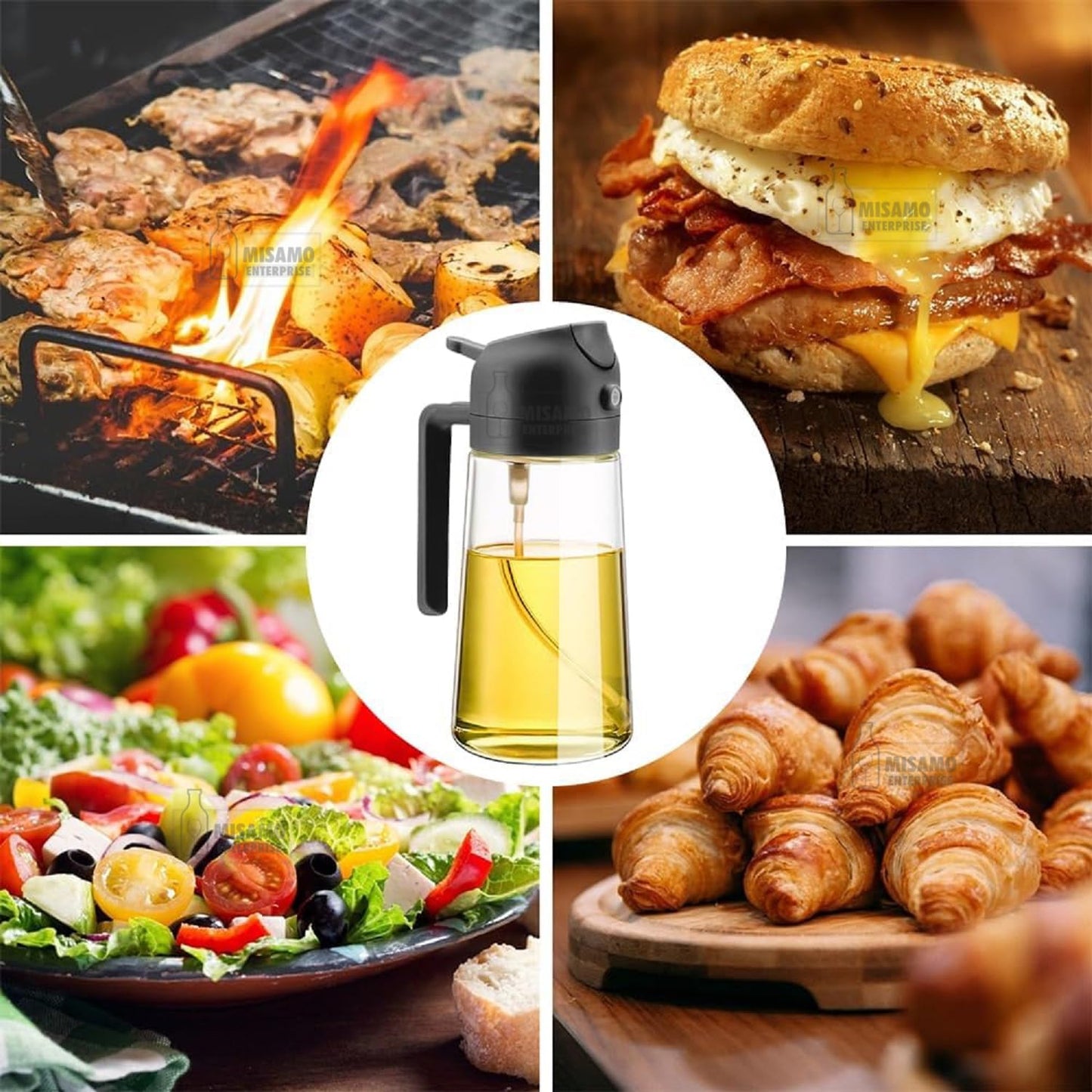Misamo Enterprise 2-in-1 Oil Dispenser & Sprayer for Kitchen, 500ml, Black | 2-in-1 design delivers a fine mist spray or smooth pour for precise oil control while cooking, grilling, and baking.