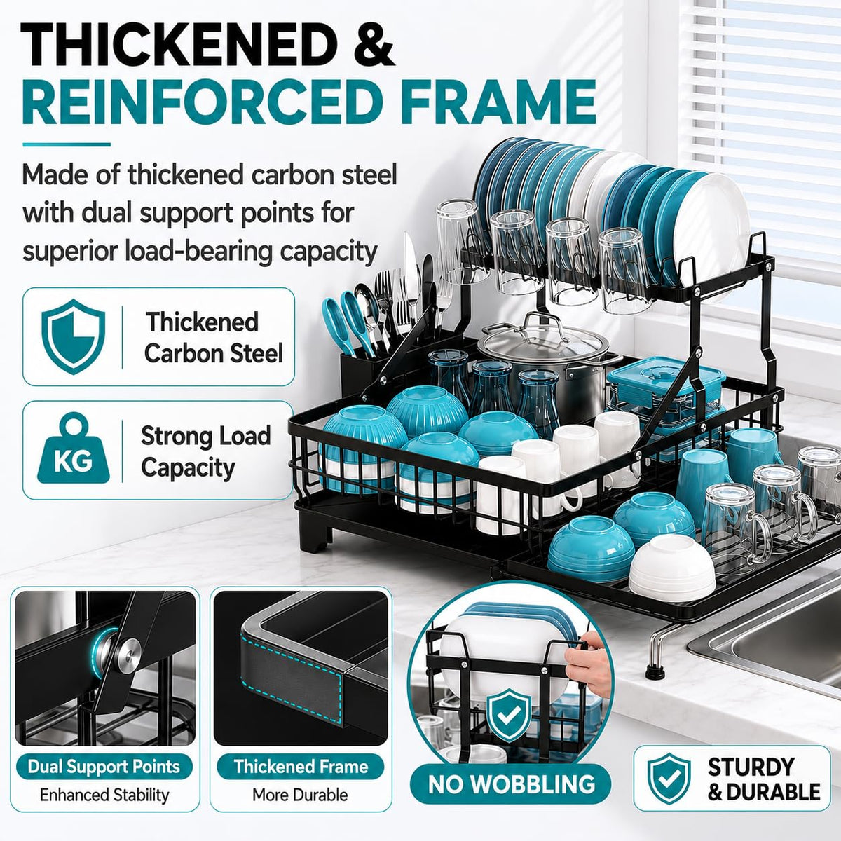 COMFYHOME Double-Layer Pull-Out Iron Dish Drain Rack: Saves Space, Includes Cup Holder, Drain Board, Cutlery Rack Suitable for Pots, Pans, Cups, Cutlery