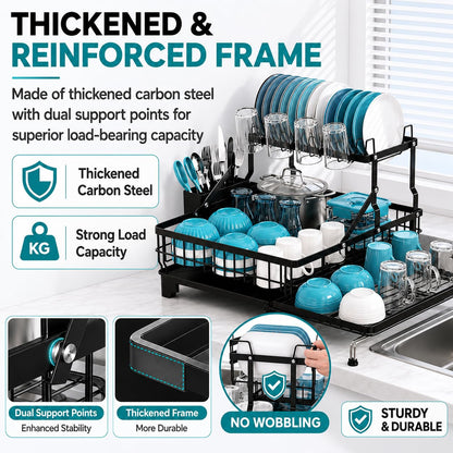 COMFYHOME Double-Layer Pull-Out Iron Dish Drain Rack: Saves Space, Includes Cup Holder, Drain Board, Cutlery Rack Suitable for Pots, Pans, Cups, Cutlery