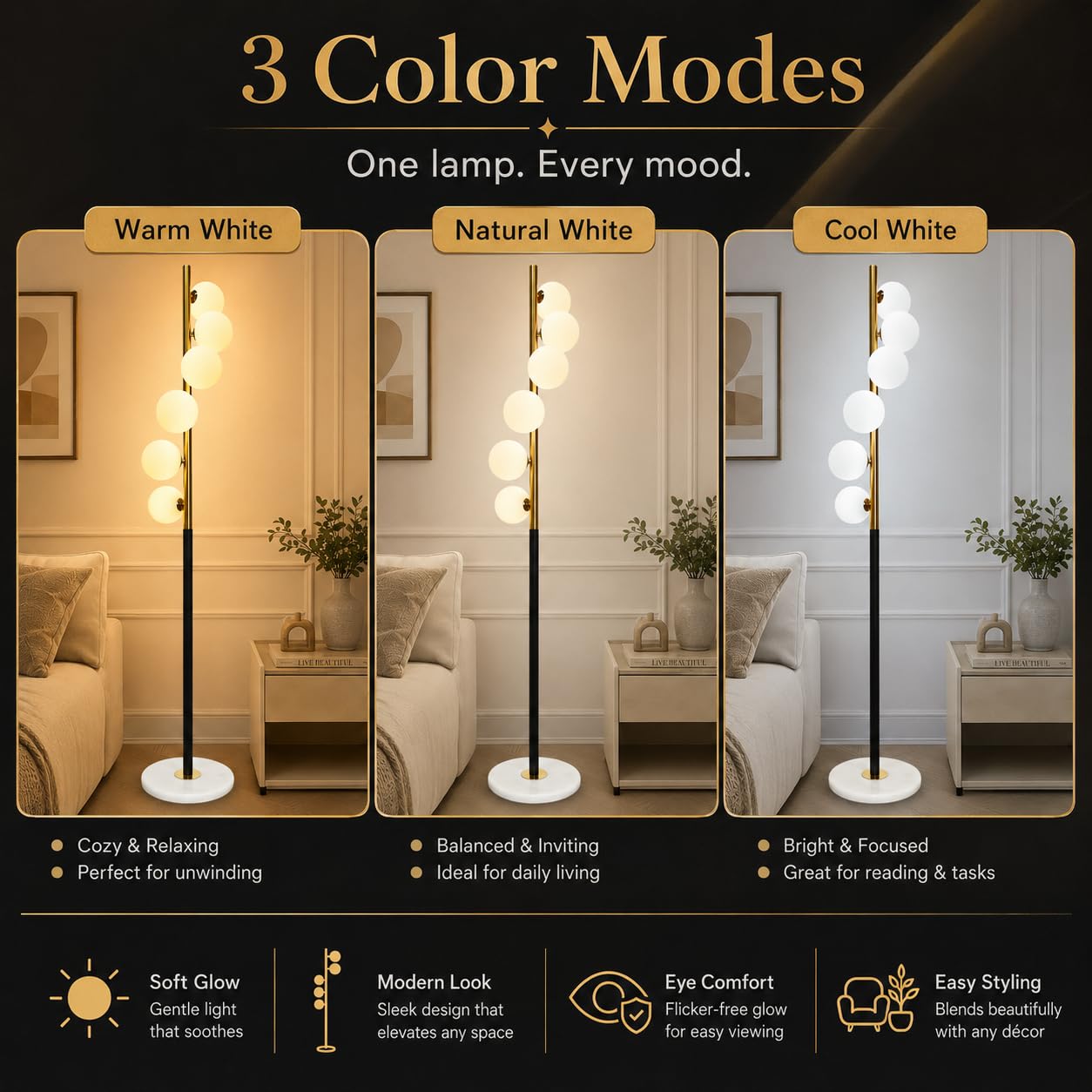 Prosper Modern Designer Floor Lamp with Marble Base 3 Light Mode for Living Room| Bedroom