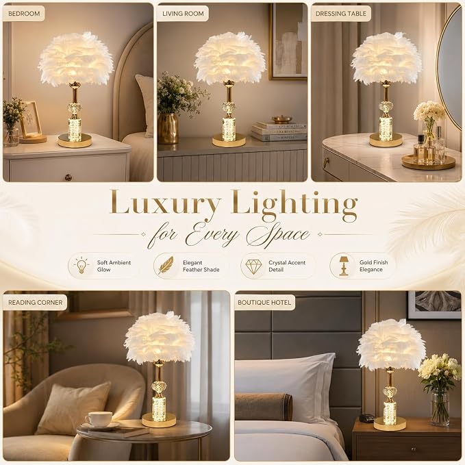 Silken Feather LED Table Lamp with Crystal in Golden Stem