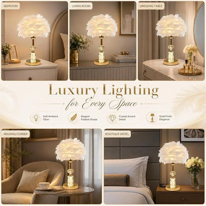 Silken Feather LED Table Lamp with Crystal in Golden Stem