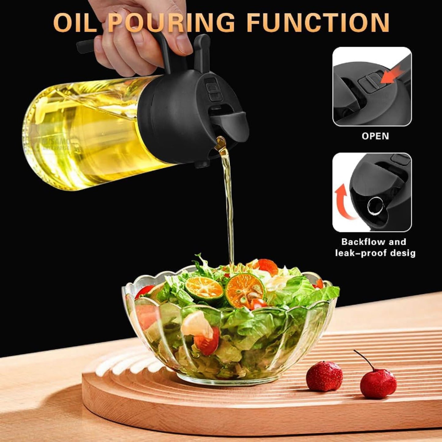 Misamo Enterprise 2-in-1 Oil Dispenser & Sprayer for Kitchen, 500ml, Black | 2-in-1 design delivers a fine mist spray or smooth pour for precise oil control while cooking, grilling, and baking.