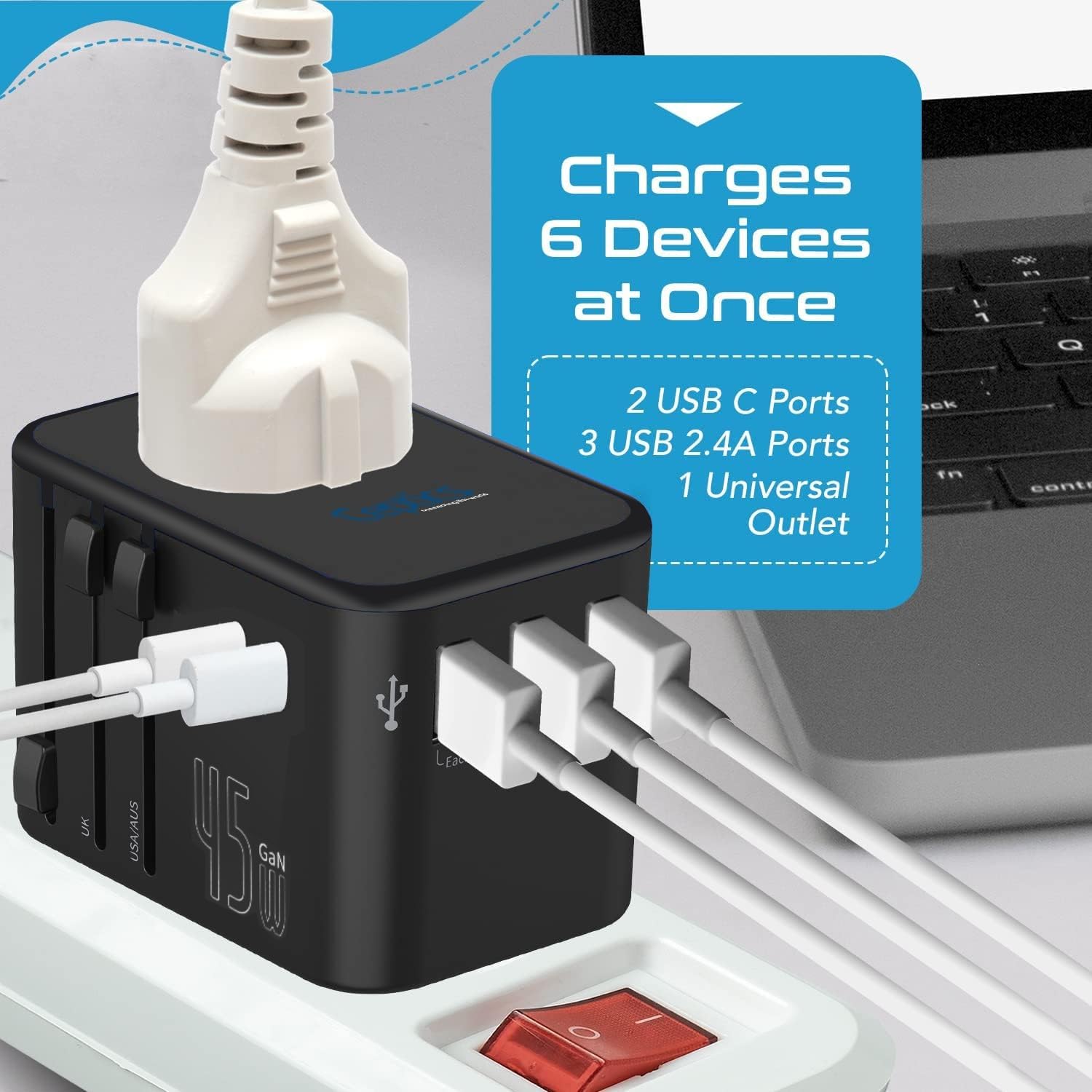 Ceptics Universal Travel Adapter, 45W International Power Adapter with PD & QC 3.0 Dual USB-C, 3 USB Travel Adapter Worldwide, Type I C G A Outlets 110V 220V A/C - EU Euro US UK (11-KU)