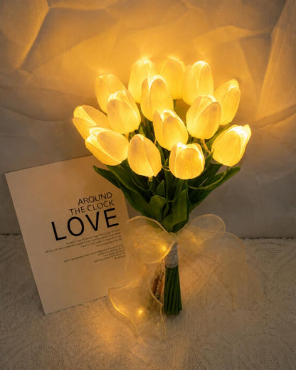 Artificial White Tulip Flower Lamp with LED Lights, 5 Tulip Bouquet Night Light for Bedroom Decor | Battery Operated Aesthetic