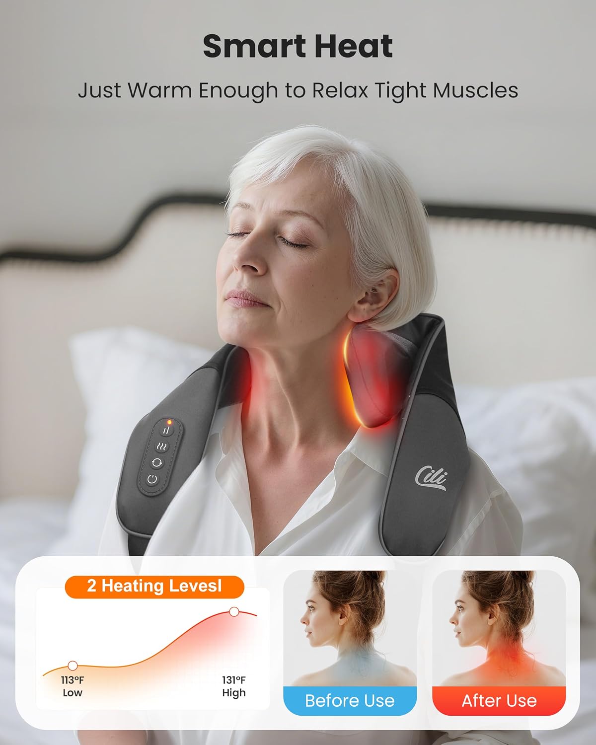 CILI Cordless Neck Massager with Heat, 4D Shiatsu Neck Shoulder Massager Deep Tissue Neck Back Massager Pillow, Wider Massage Head & More Heating Area, Gift for Dad Mom