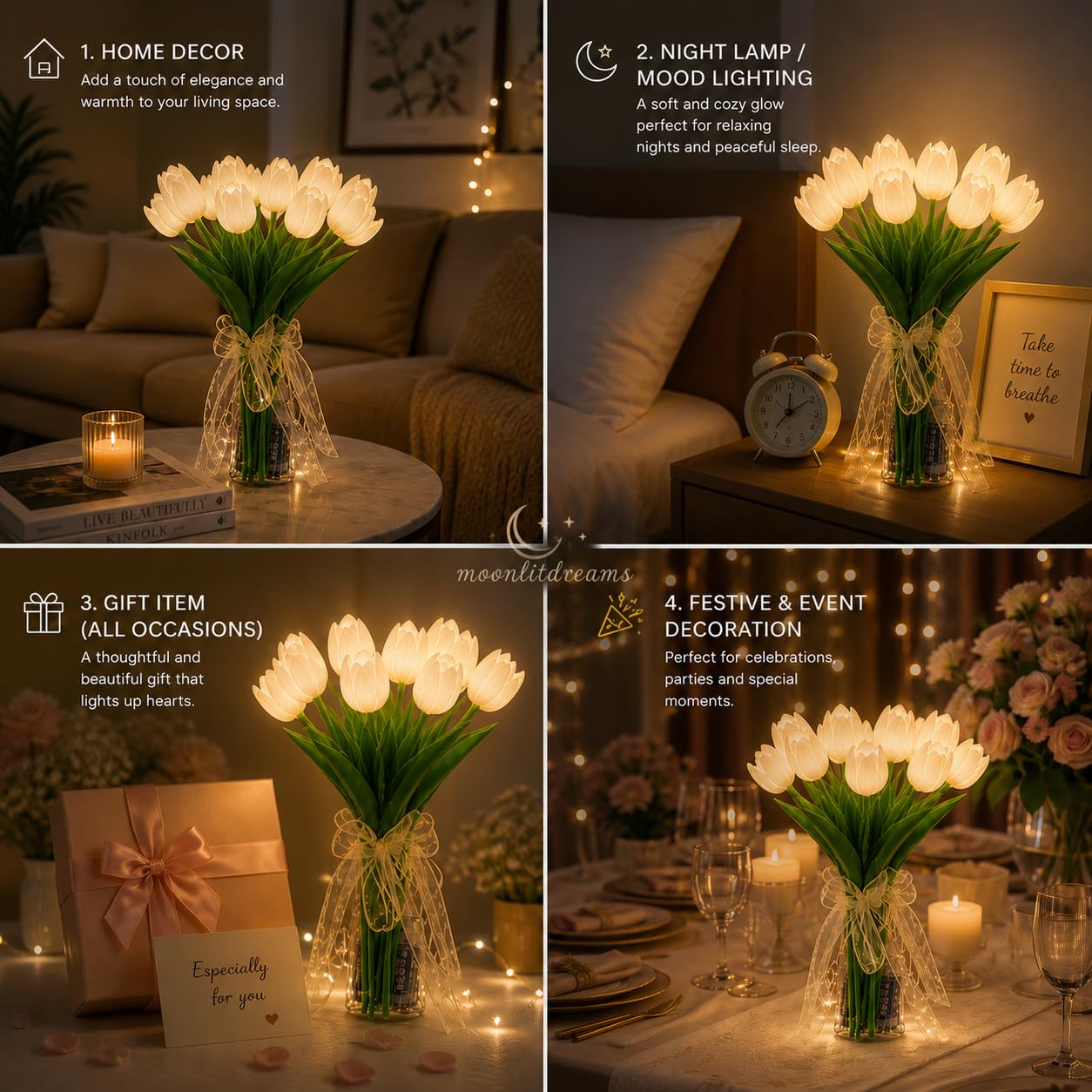 Artificial White Tulip Flower Lamp with LED Lights, 5 Tulip Bouquet Night Light for Bedroom Decor | Battery Operated Aesthetic