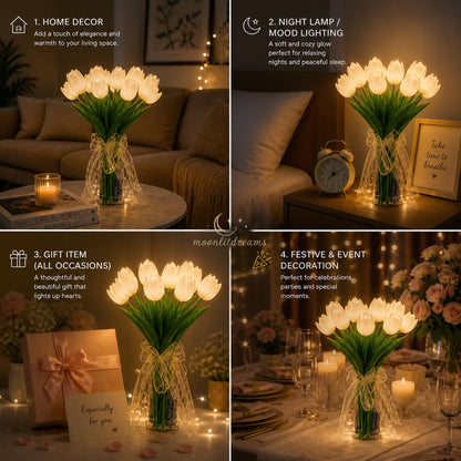 Artificial White Tulip Flower Lamp with LED Lights, 5 Tulip Bouquet Night Light for Bedroom Decor | Battery Operated Aesthetic