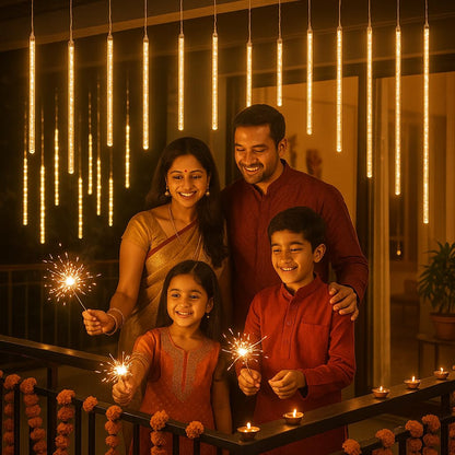 Rain Drop LED Meteor Shower 192 LEDs 8 Tubes (11.8") | Icicle Falling Effect for Diwali, Christmas, New Year, Home & Outdoor Decoration,