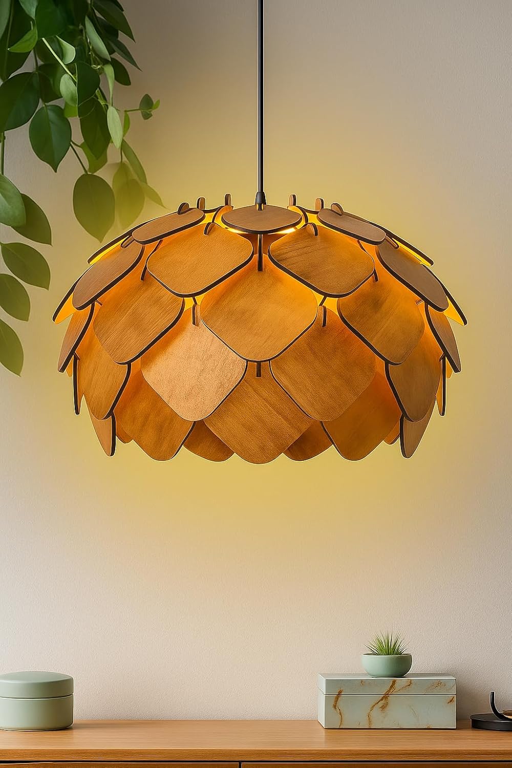 Wooden Pinecone Ceiling Light | lamp for Living Room | Rattan Hanging lamp for Drawing Room, Dining Room | Cane Pendant Light for Home Decoration | Wicker Pendant lamp