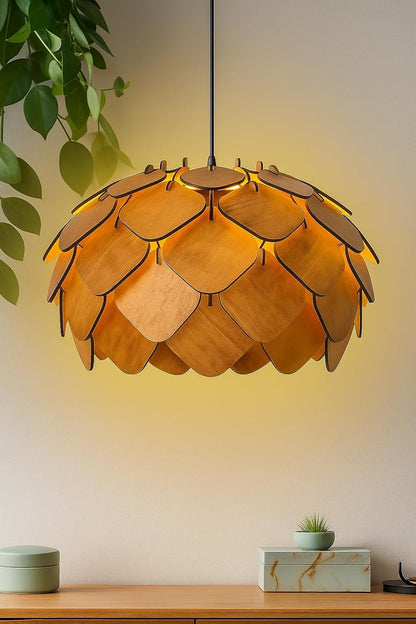 Wooden Pinecone Ceiling Light | lamp for Living Room | Rattan Hanging lamp for Drawing Room, Dining Room | Cane Pendant Light for Home Decoration | Wicker Pendant lamp