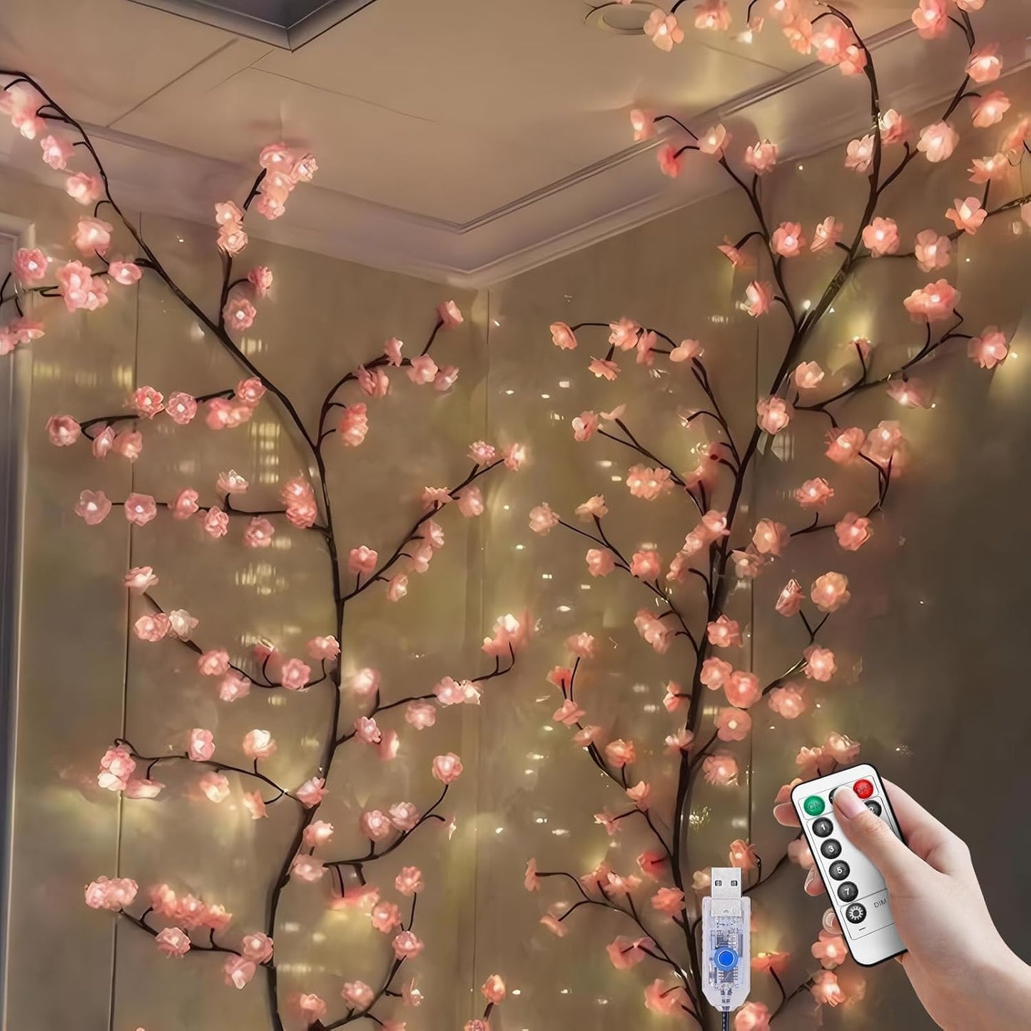 Cherry Blossom Lights LED Tree Branch Wall Decor – DIY Flexible Lighted Cherry Blossom Branches with Remote, 8 Modes