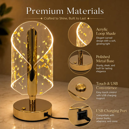 Gold Crystal LED Table Lamp with Transparent Acrylic Shade & Golden Flake Design