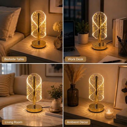 Gold Crystal LED Table Lamp with Transparent Acrylic Shade & Golden Flake Design