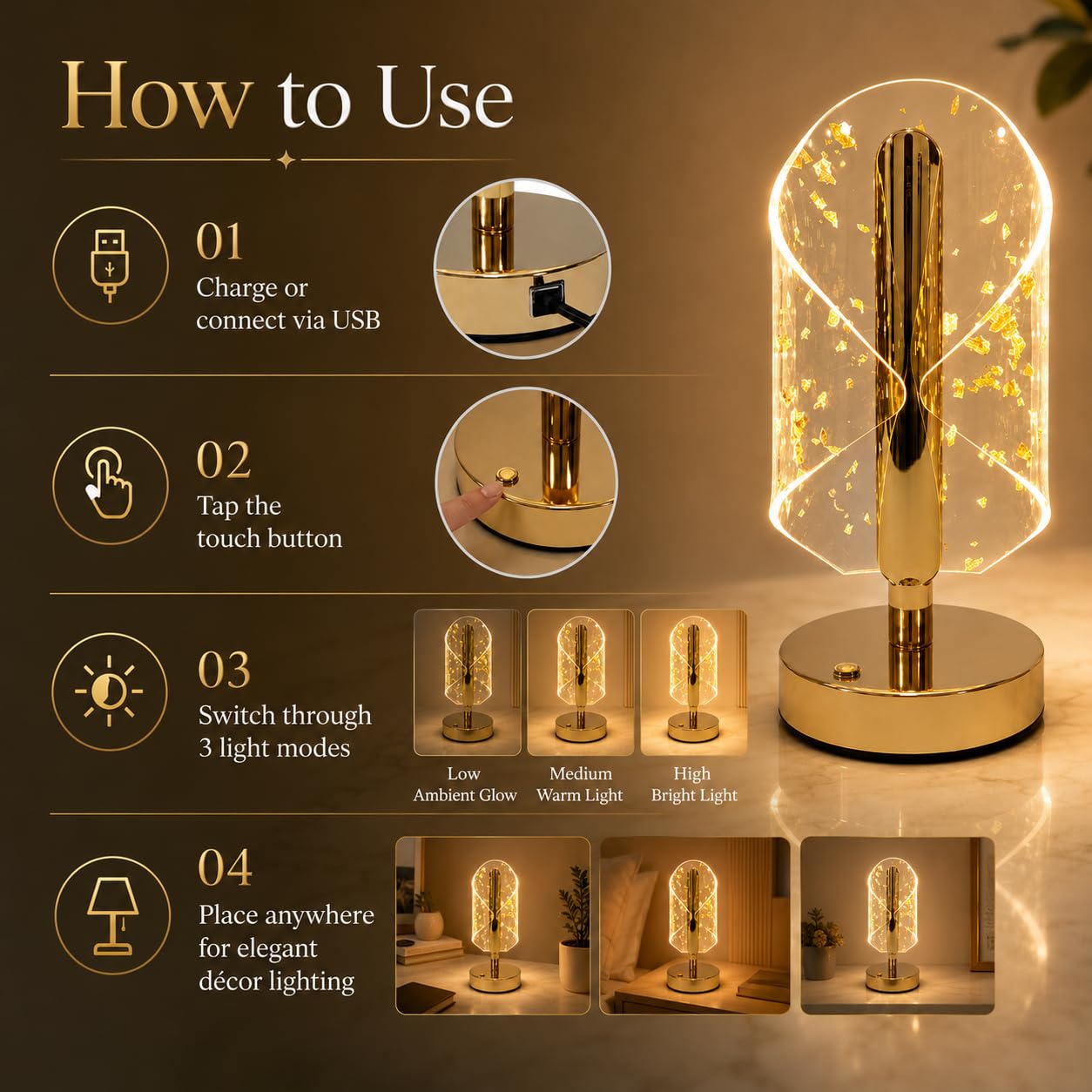 Gold Crystal LED Table Lamp with Transparent Acrylic Shade & Golden Flake Design