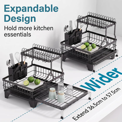 COMFYHOME Double-Layer Pull-Out Iron Dish Drain Rack: Saves Space, Includes Cup Holder, Drain Board, Cutlery Rack Suitable for Pots, Pans, Cups, Cutlery
