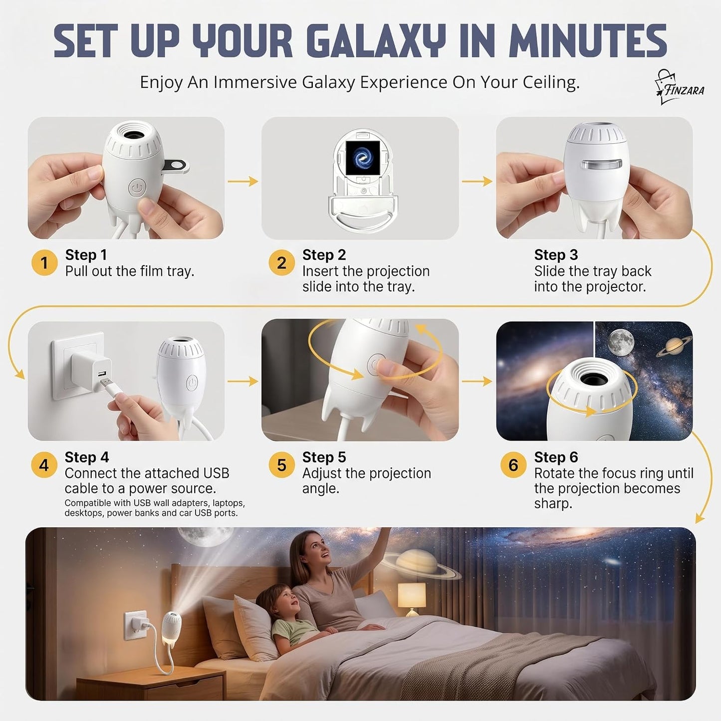Space Rocket Galaxy Projector, 360° Rotating Starry Sky Nebula Night Lamp with USB Mini LED Projection Light, Magic Ceiling Wall Decor