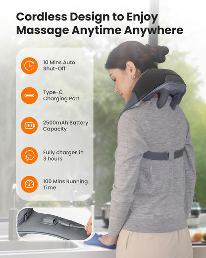 CILI Cordless Neck Massager with Heat, 4D Shiatsu Neck Shoulder Massager Deep Tissue Neck Back Massager Pillow, Wider Massage Head & More Heating Area, Gift for Dad Mom