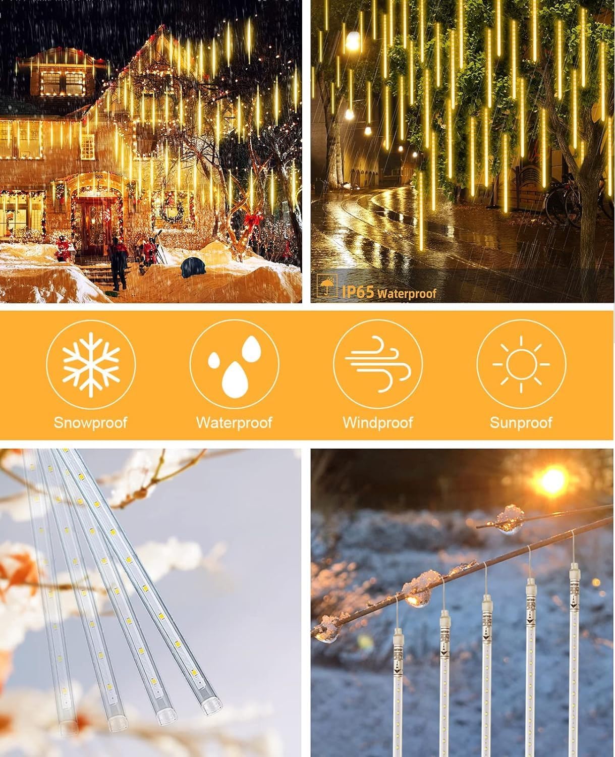 Rain Drop LED Meteor Shower 192 LEDs 8 Tubes (11.8") | Icicle Falling Effect for Diwali, Christmas, New Year, Home & Outdoor Decoration,