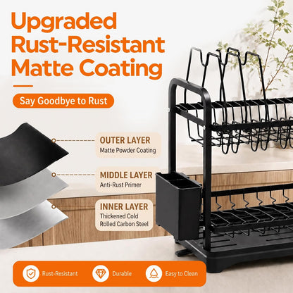 COMFYHOME Dish Drying Rack, 2-Tier Wrought Iron Space-Saving Kitchen Dish Drainer with Cup Holder, Drainboard & Utensil Holders, Rustproof Counter Organizer for Pots, Plates, Cups, Utensils, Bartan